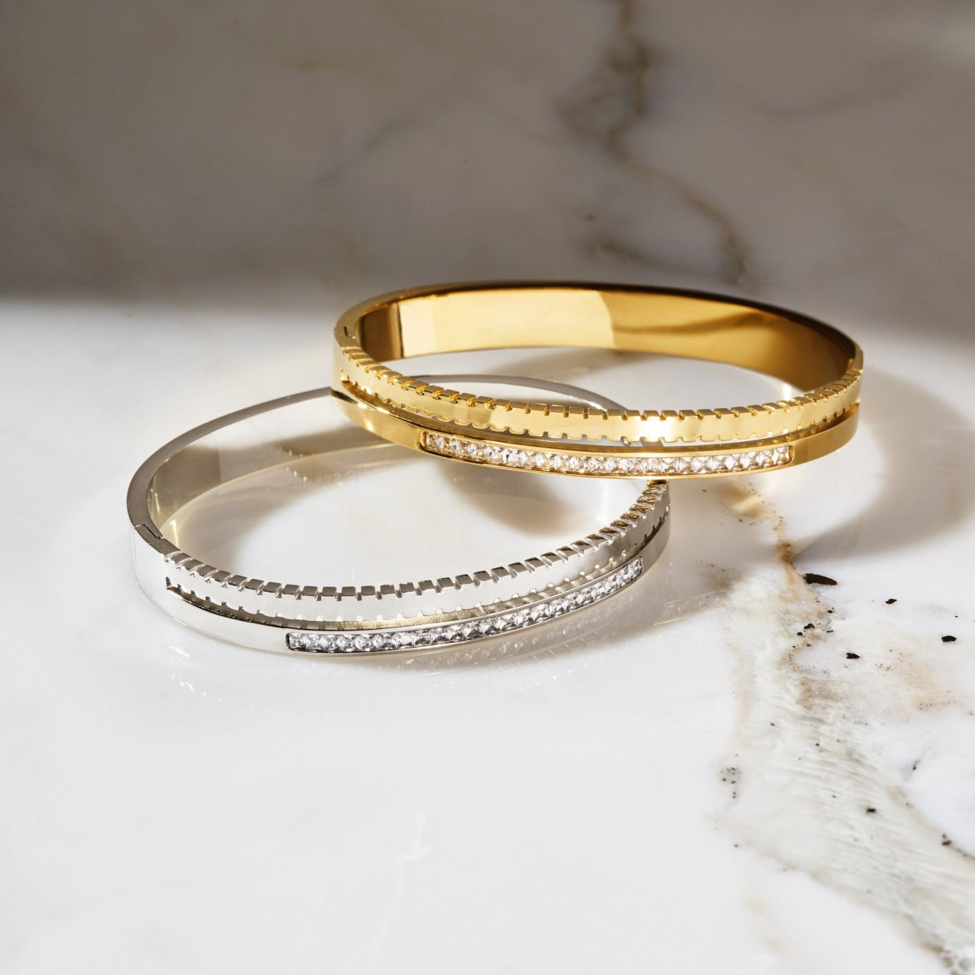DUAL RADIANCE BANGLE best gold plated tarnish and water resistant piece by Irish Jewellery brand - Lynott Jewellery