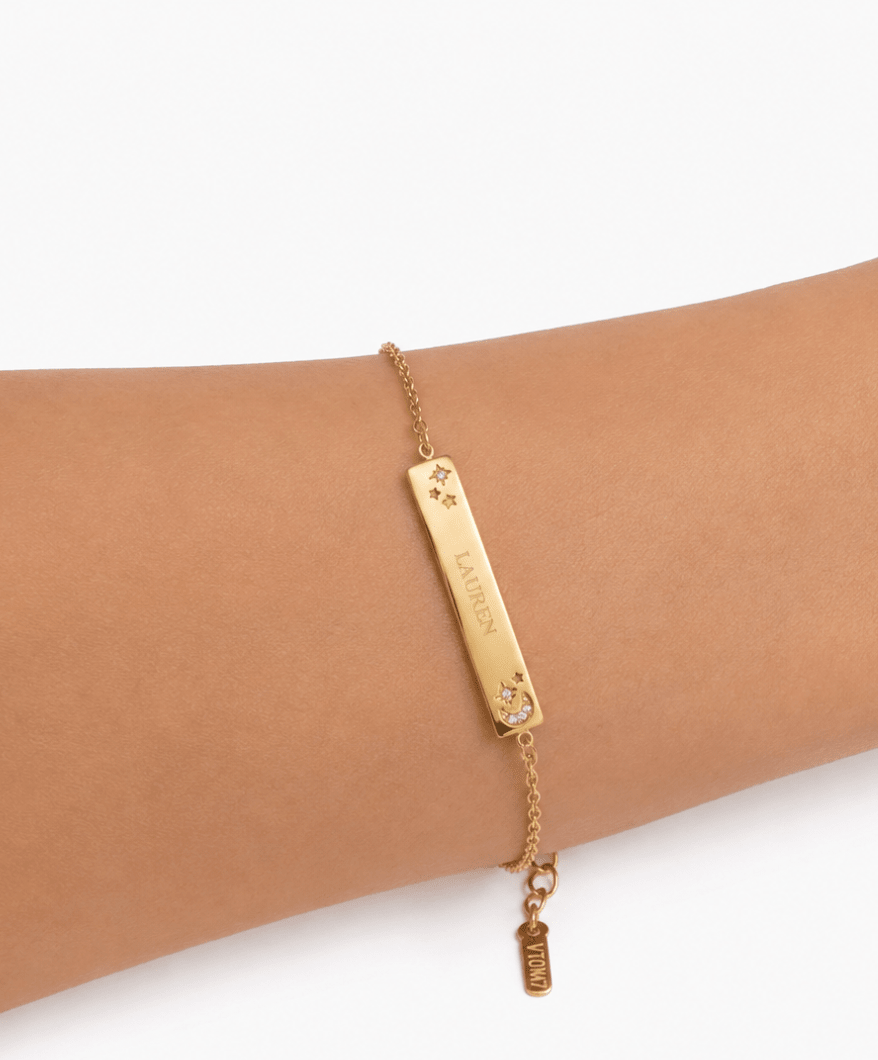 MOON & STARS ENGRAVABLE PLATE BRACELET best gold plated tarnish and water resistant piece by Irish Jewellery brand - Lynott Jewellery