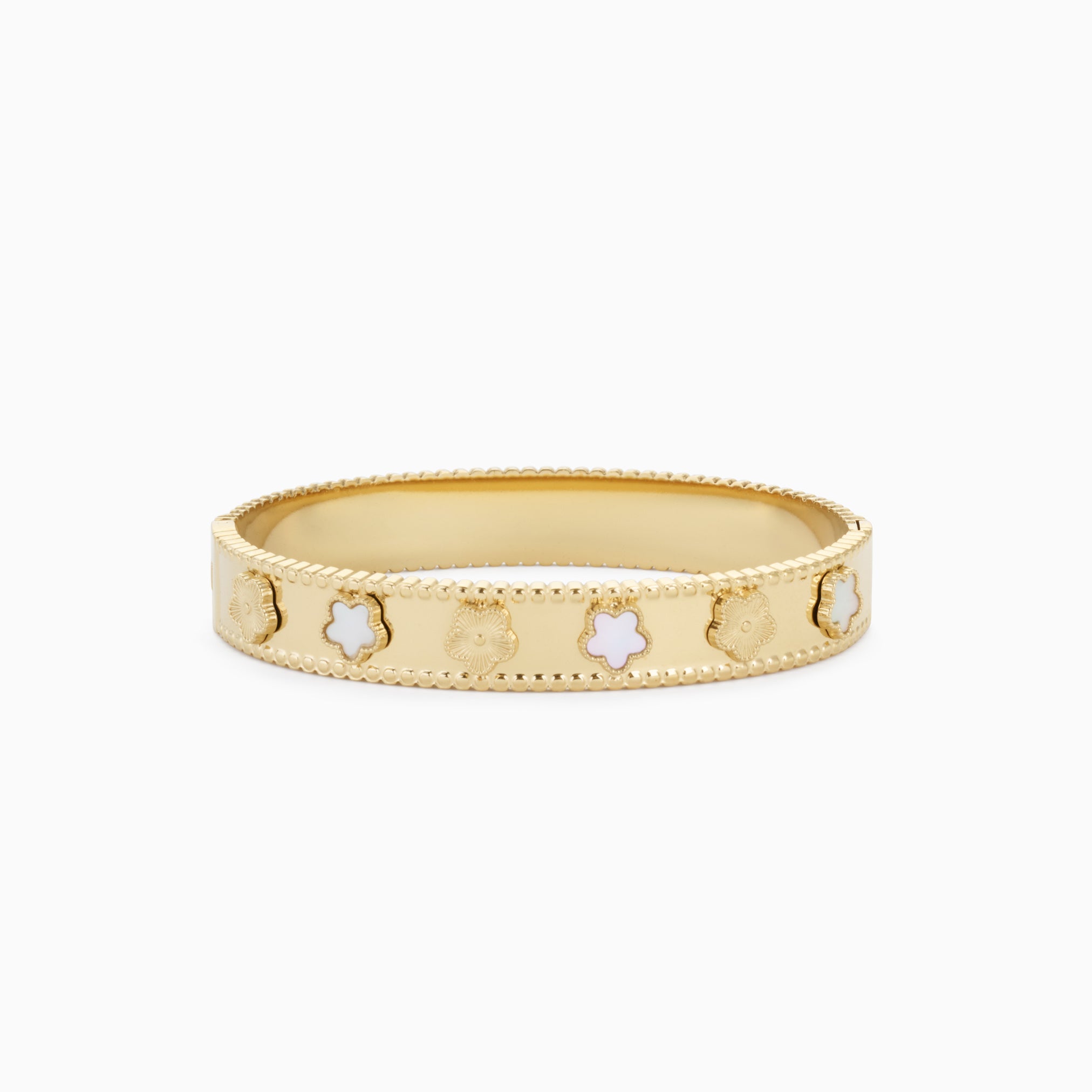 CLOVER CHARM WHITE BANGLE best gold plated tarnish and water resistant piece by Irish Jewellery brand - Lynott Jewellery
