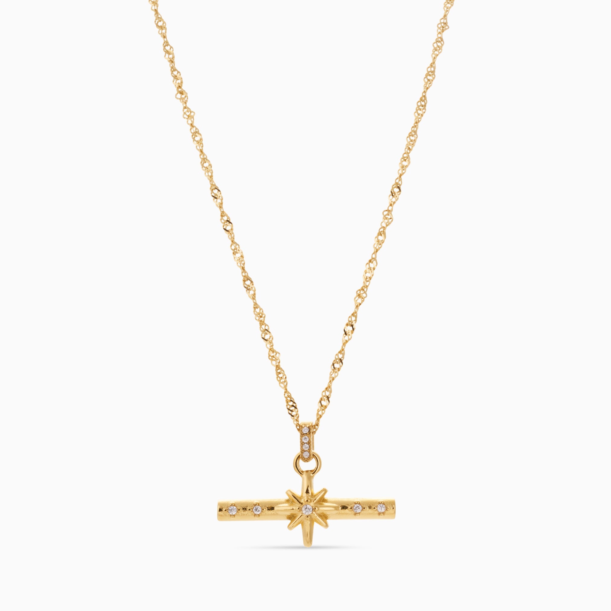 BEYOND THE STARS T BAR NECKLACE best gold plated tarnish and water resistant piece by Irish Jewellery brand - Lynott Jewellery