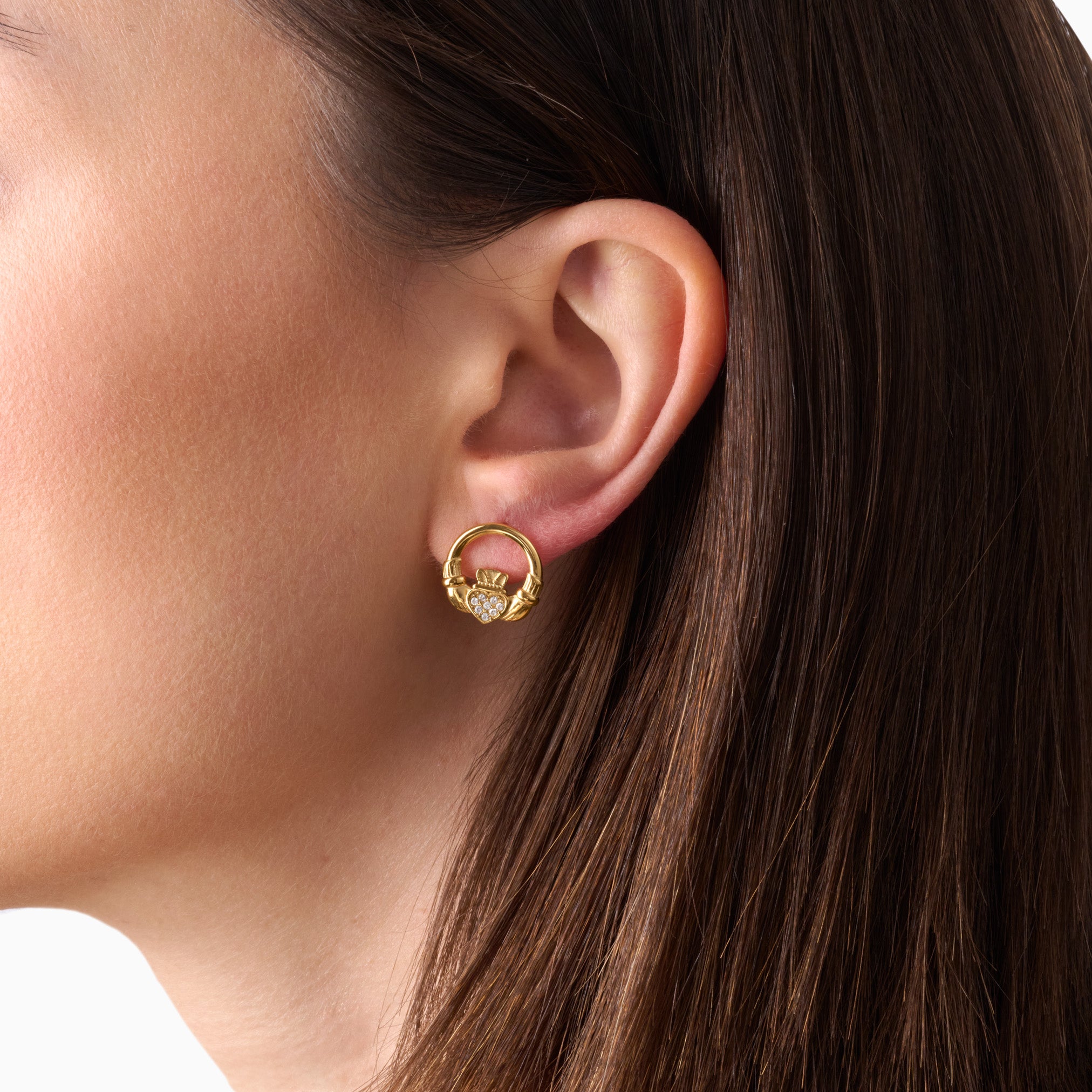 RÍONA CLADDAGH MINI HOOP STUDS best gold plated tarnish and water resistant piece by Irish Jewellery brand - Lynott Jewellery