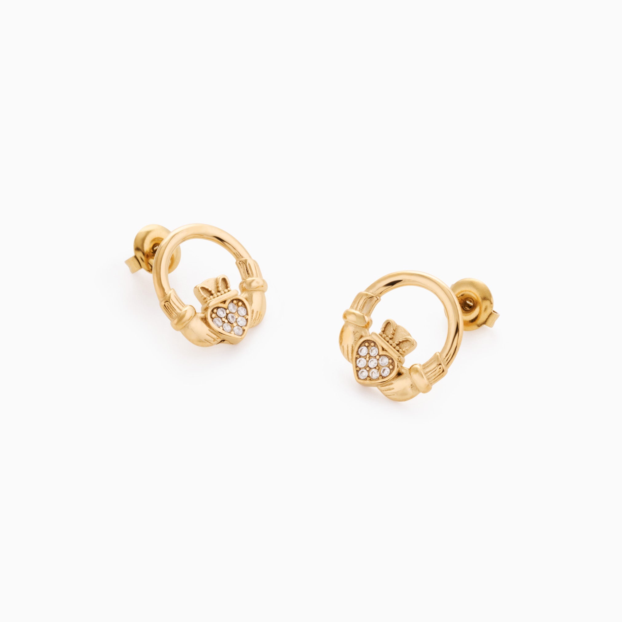 RÍONA CLADDAGH MINI HOOP STUDS best gold plated tarnish and water resistant piece by Irish Jewellery brand - Lynott Jewellery