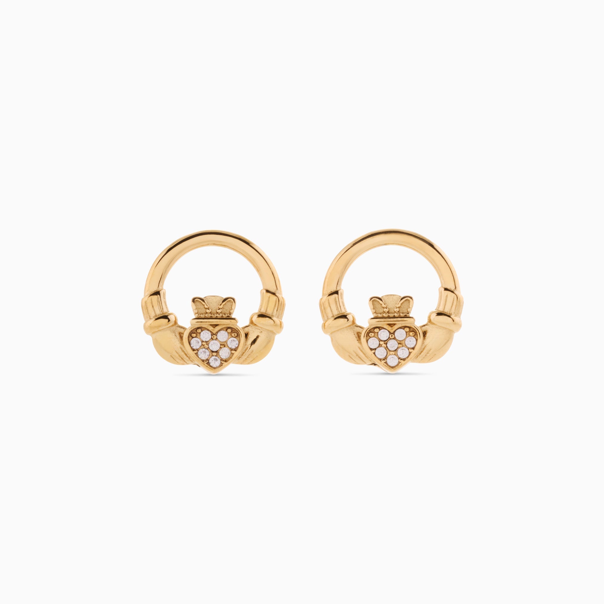 RÍONA CLADDAGH MINI HOOP STUDS best gold plated tarnish and water resistant piece by Irish Jewellery brand - Lynott Jewellery