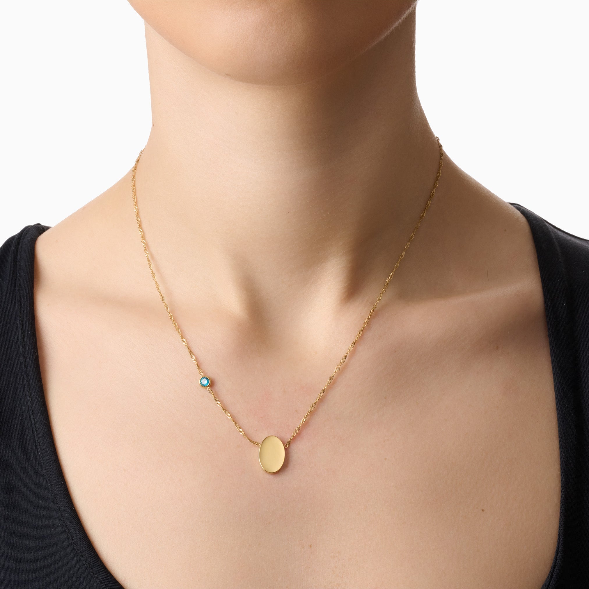 PROMISE ME ENGRAVABLE OVAL DISC & BIRTHSTONE NECKLACE best gold plated tarnish and water resistant piece by Irish Jewellery brand - Lynott Jewellery