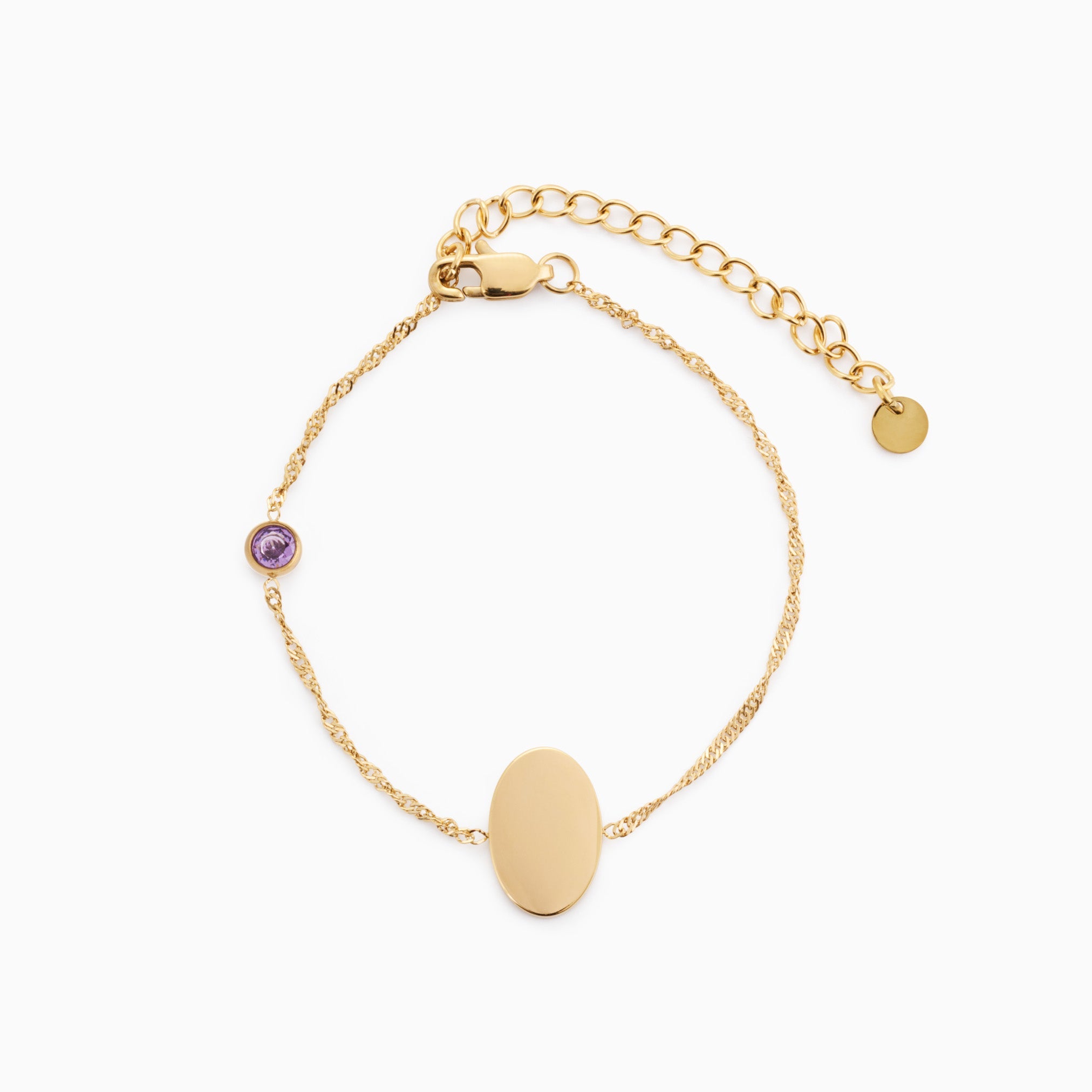 PROMISE ME ENGRAVABLE OVAL DISC & BIRTHSTONE BRACELET best gold plated tarnish and water resistant piece by Irish Jewellery brand - Lynott Jewellery