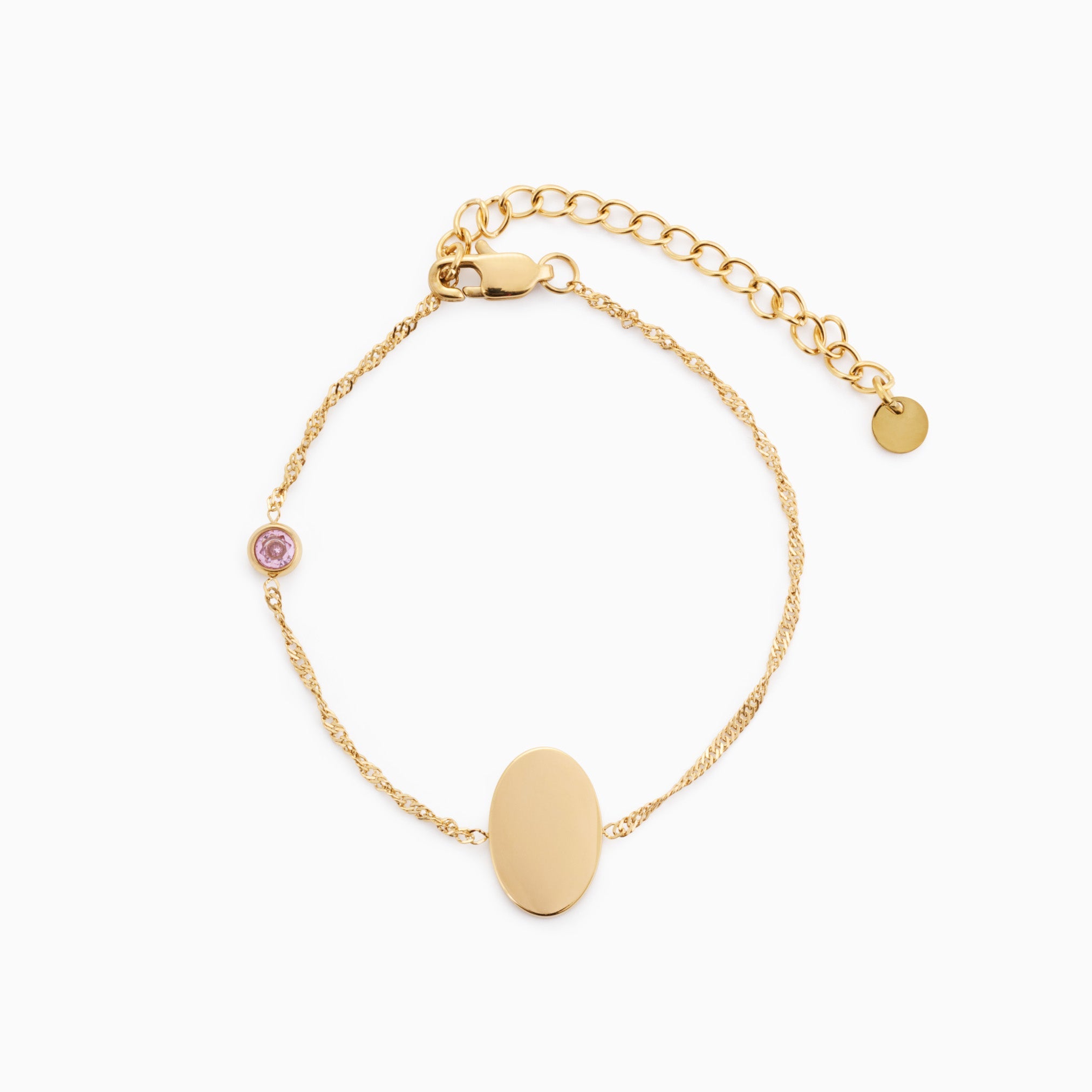 PROMISE ME ENGRAVABLE OVAL DISC & BIRTHSTONE BRACELET best gold plated tarnish and water resistant piece by Irish Jewellery brand - Lynott Jewellery
