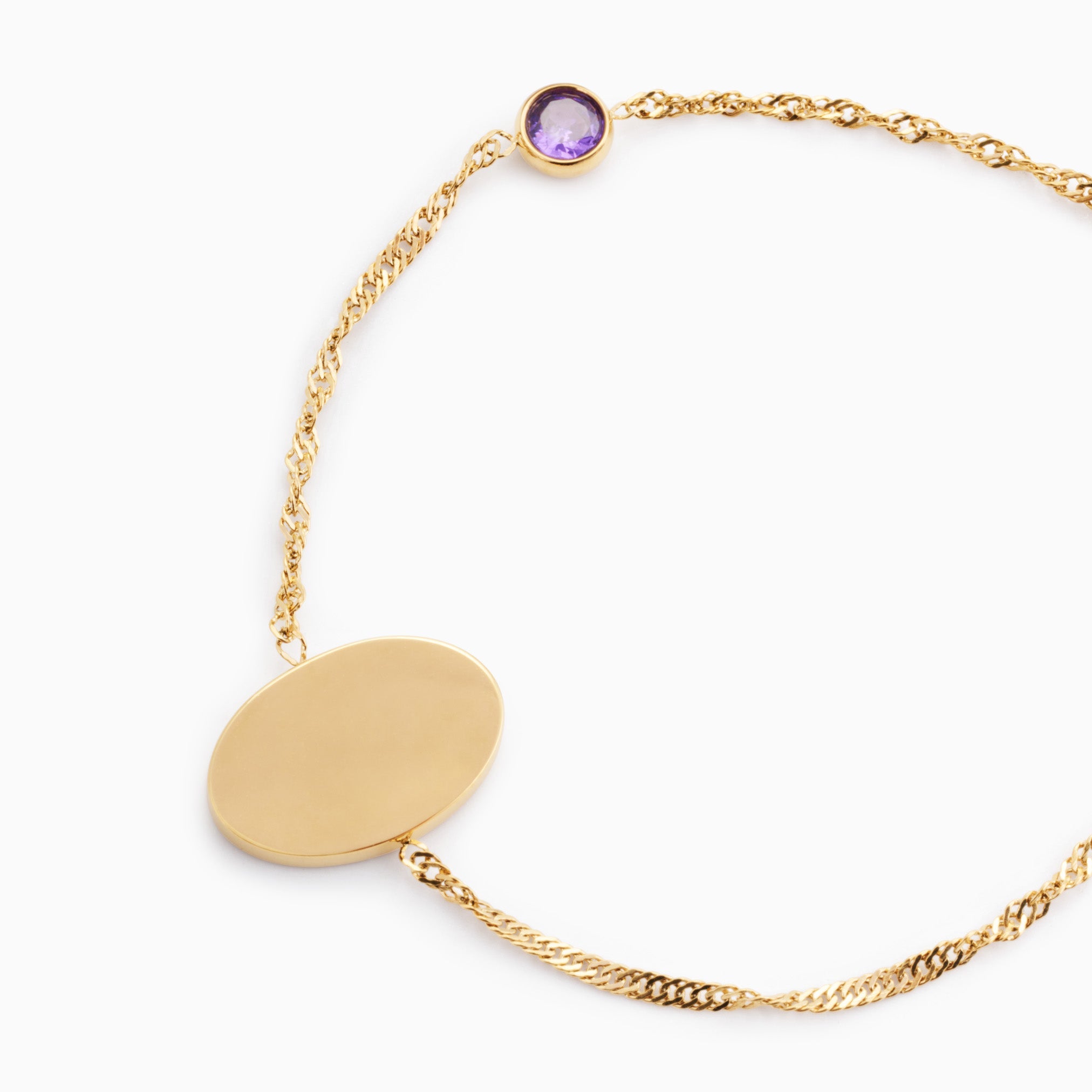 PROMISE ME ENGRAVABLE OVAL DISC & BIRTHSTONE BRACELET best gold plated tarnish and water resistant piece by Irish Jewellery brand - Lynott Jewellery