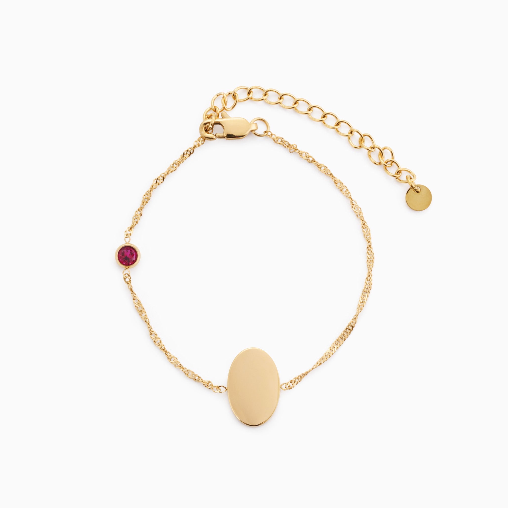 PROMISE ME ENGRAVABLE OVAL DISC & BIRTHSTONE BRACELET best gold plated tarnish and water resistant piece by Irish Jewellery brand - Lynott Jewellery