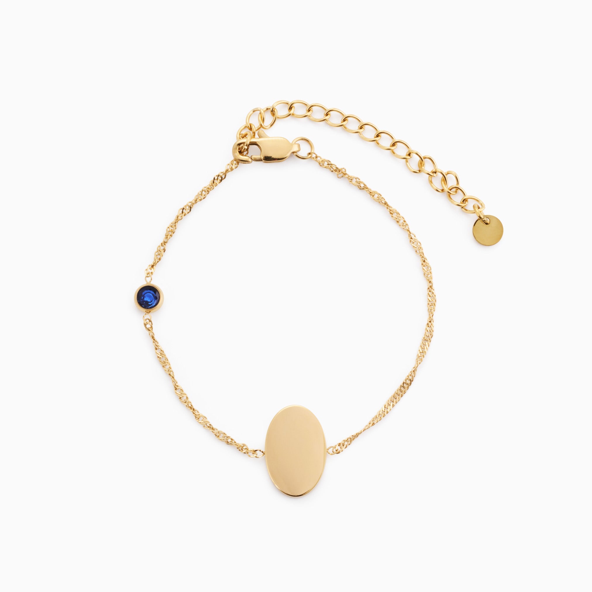 PROMISE ME ENGRAVABLE OVAL DISC & BIRTHSTONE BRACELET best gold plated tarnish and water resistant piece by Irish Jewellery brand - Lynott Jewellery