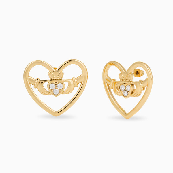 MEGAN FORTE CLARKE OBSSESED LARGE CLADDAGH STUDS best gold plated tarnish and water resistant piece by Irish Jewellery brand - Lynott Jewellery