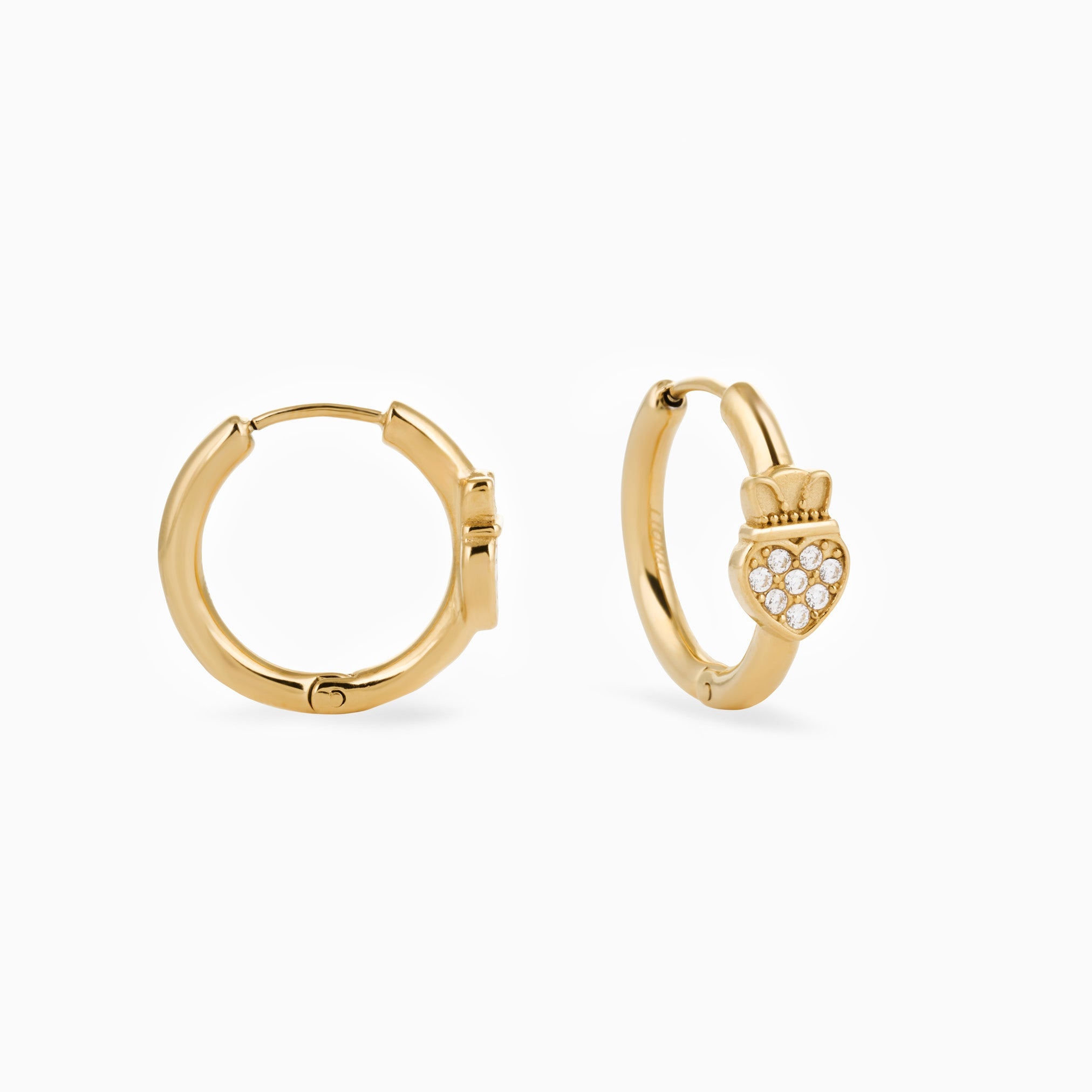 HEART CROWN CLADDAGH HUGGIE HOOPS best gold plated tarnish and water resistant piece by Irish Jewellery brand - Lynott Jewellery