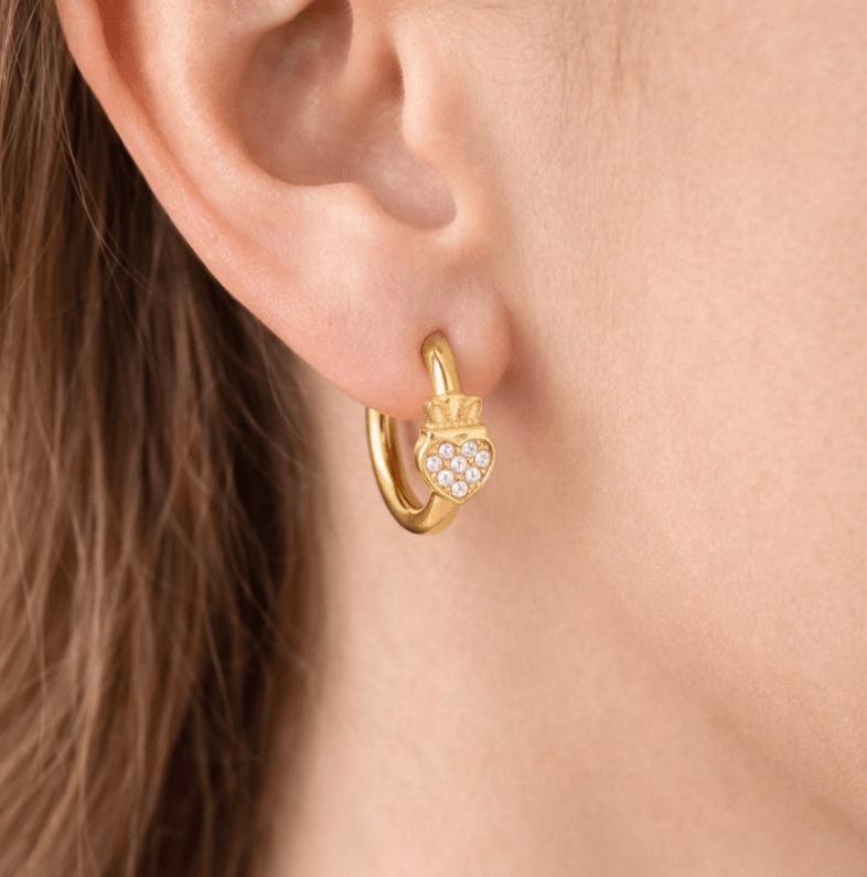 HEART CROWN CLADDAGH HUGGIE HOOPS best gold plated tarnish and water resistant piece by Irish Jewellery brand - Lynott Jewellery