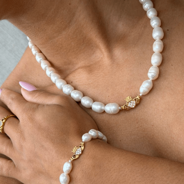 HEART CROWN PEARL CLADDAGH BRACELET best gold plated tarnish and water resistant piece by Irish Jewellery brand - Lynott Jewellery