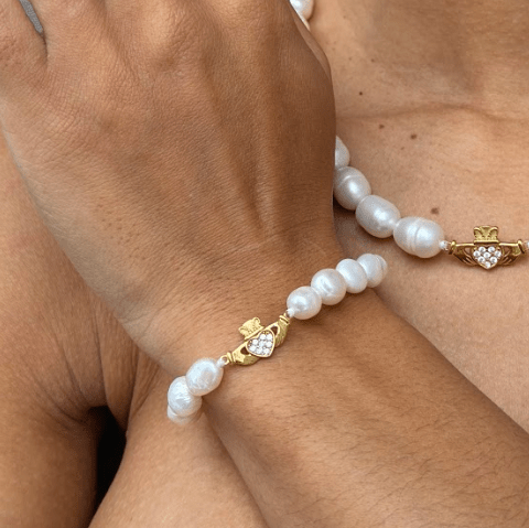 HEART CROWN PEARL CLADDAGH BRACELET best gold plated tarnish and water resistant piece by Irish Jewellery brand - Lynott Jewellery