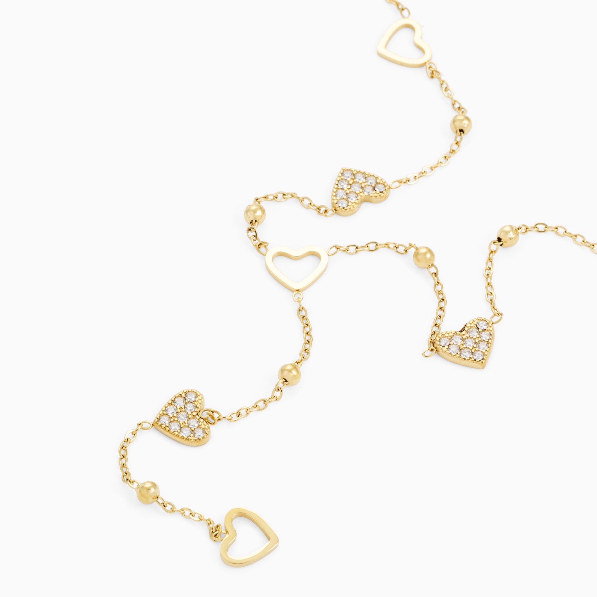 DROP DOWN GLIMMER HEARTS NECKLACE best gold plated tarnish and water resistant piece by Irish Jewellery brand - Lynott Jewellery