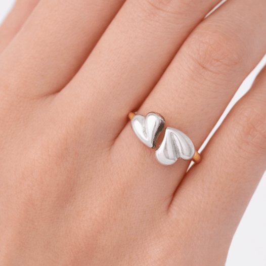MIX METAL TWO HEART ADJUSTABLE RING best gold plated tarnish and water resistant piece by Irish Jewellery brand - Lynott Jewellery