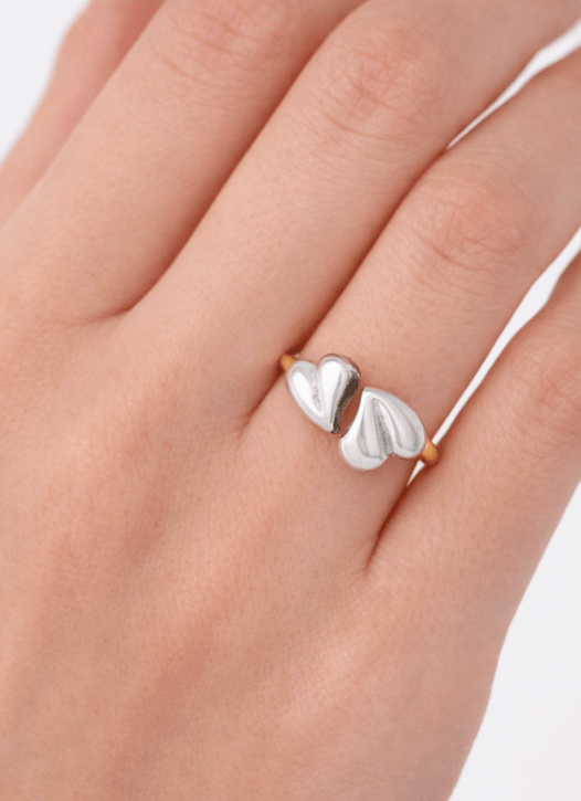 MIX METAL TWO HEART ADJUSTABLE RING best gold plated tarnish and water resistant piece by Irish Jewellery brand - Lynott Jewellery