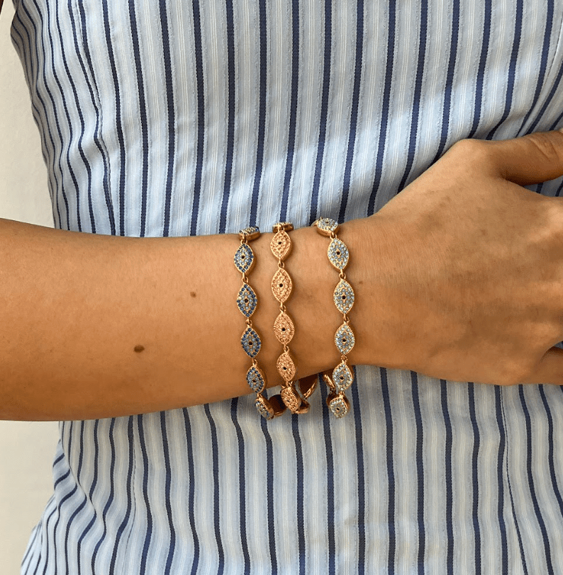 SANTORINI DARK BLUE EVIL EYE BRACELET best gold plated tarnish and water resistant piece by Irish Jewellery brand - Lynott Jewellery