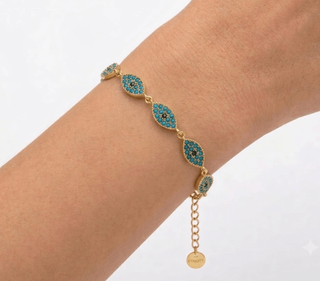 SANTORINI BLUE EVIL EYE BRACELET best gold plated tarnish and water resistant piece by Irish Jewellery brand - Lynott Jewellery