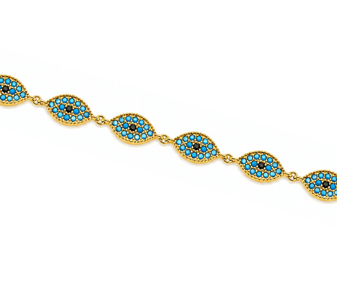 SANTORINI BLUE EVIL EYE BRACELET best gold plated tarnish and water resistant piece by Irish Jewellery brand - Lynott Jewellery