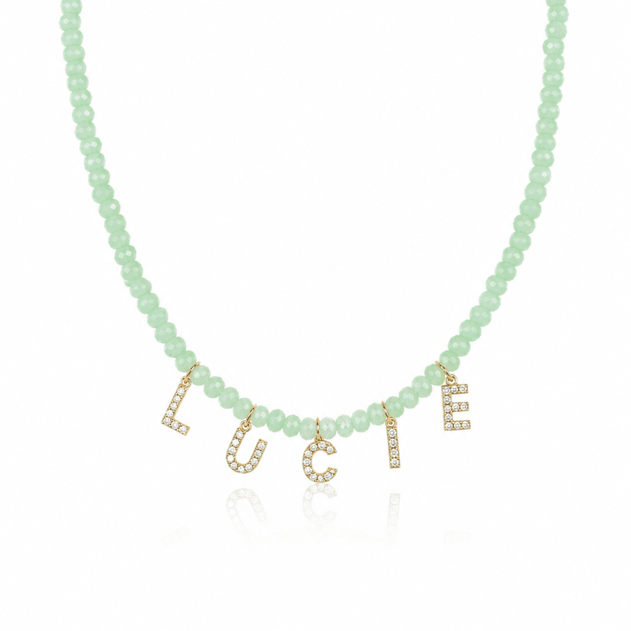 PERSONALISED COLOUR NAME NECKLACE best gold plated tarnish and water resistant piece by Irish Jewellery brand - Lynott Jewellery