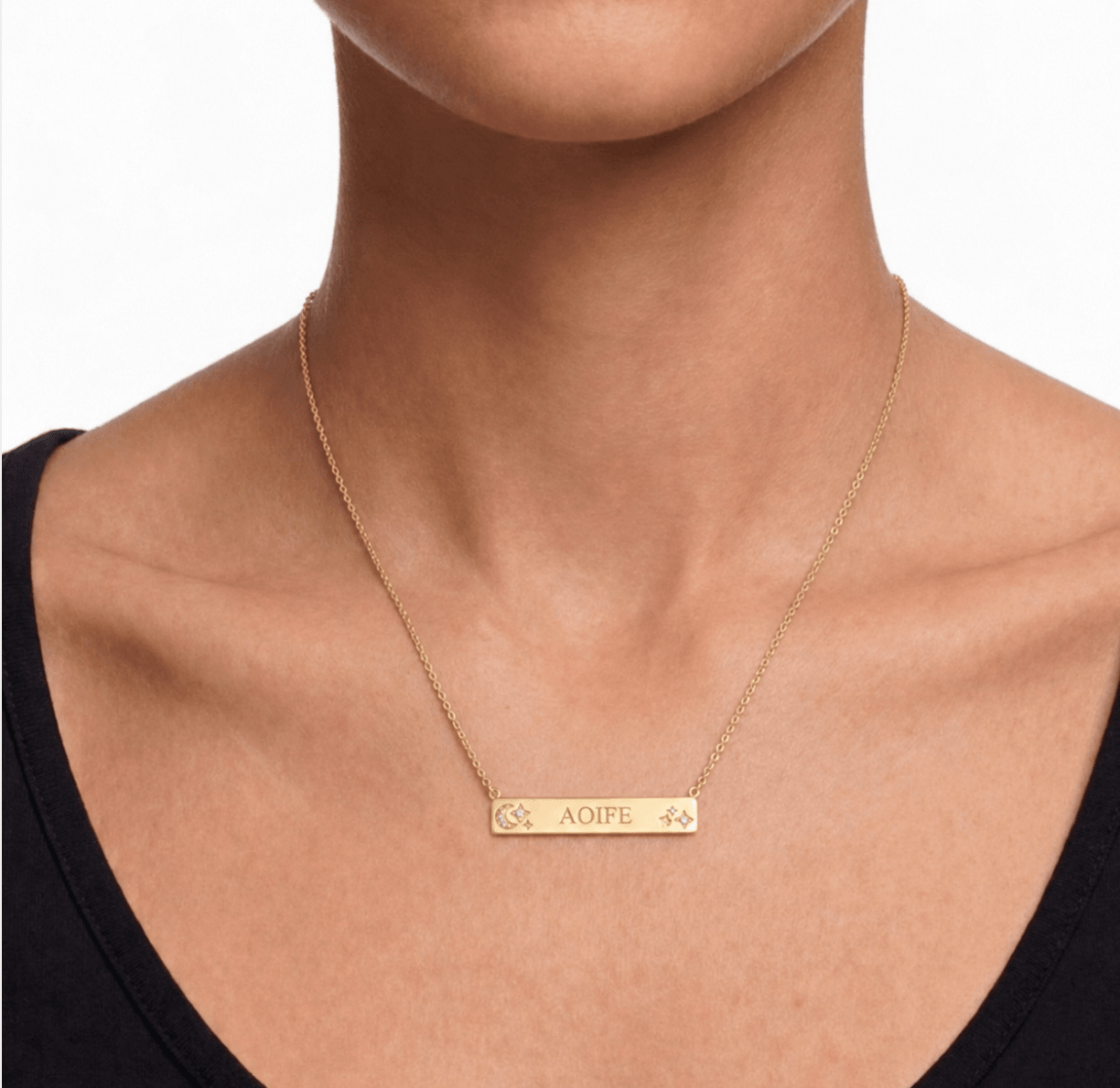 MOON & STARS ENGRAVABLE PLATE NECKLACE best gold plated tarnish and water resistant piece by Irish Jewellery brand - Lynott Jewellery