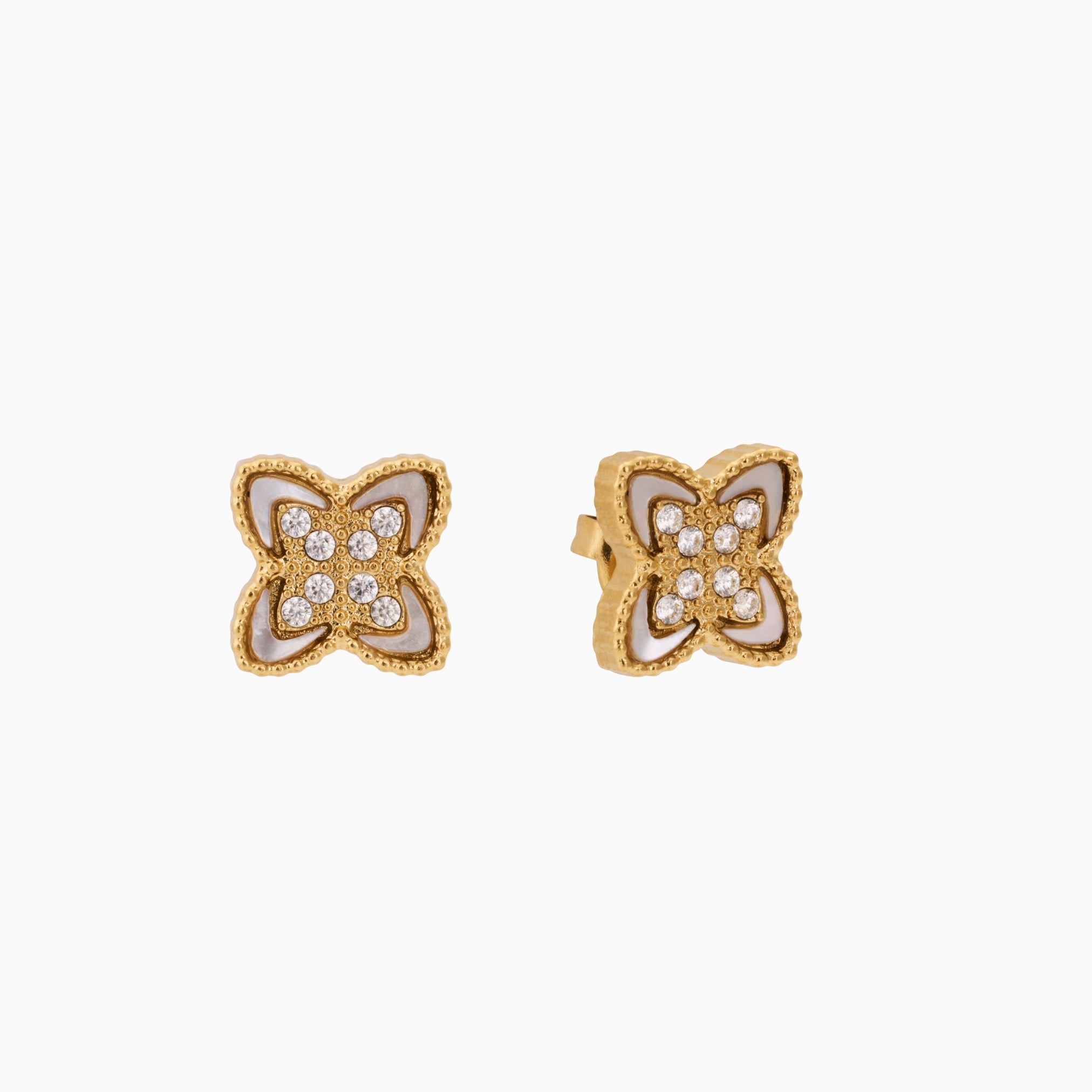 PASSIONATE CLOVER WHITE STUDS best gold plated tarnish and water resistant piece by - Lynott Jewellery