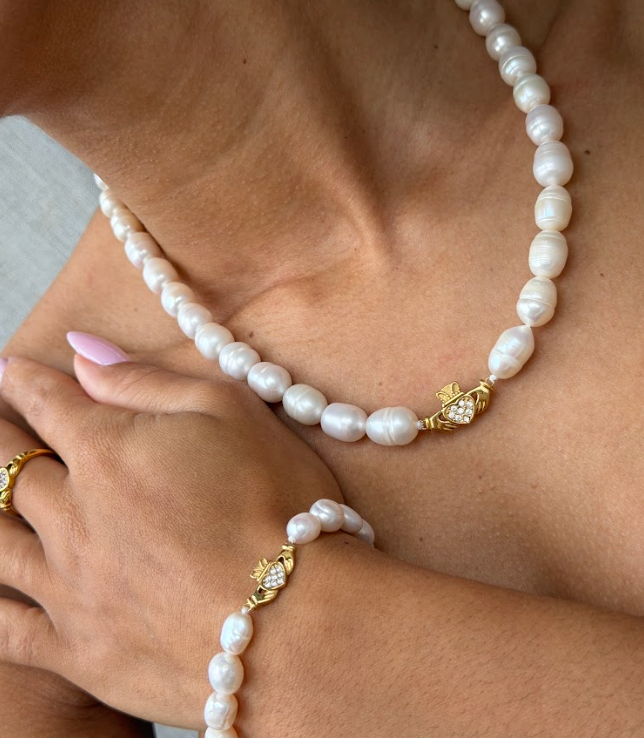 HEART CROWN PEARL CLADDAGH NECKLACE