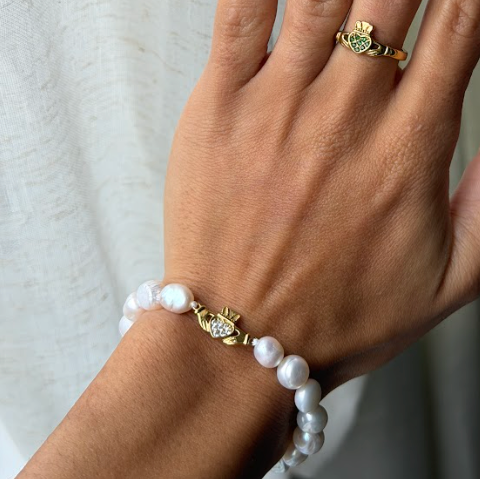HEART CROWN PEARL CLADDAGH BRACELET