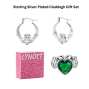 Silver Chunky Claddagh Earrings & Emerald Green Ring (Boxed Gift Set)