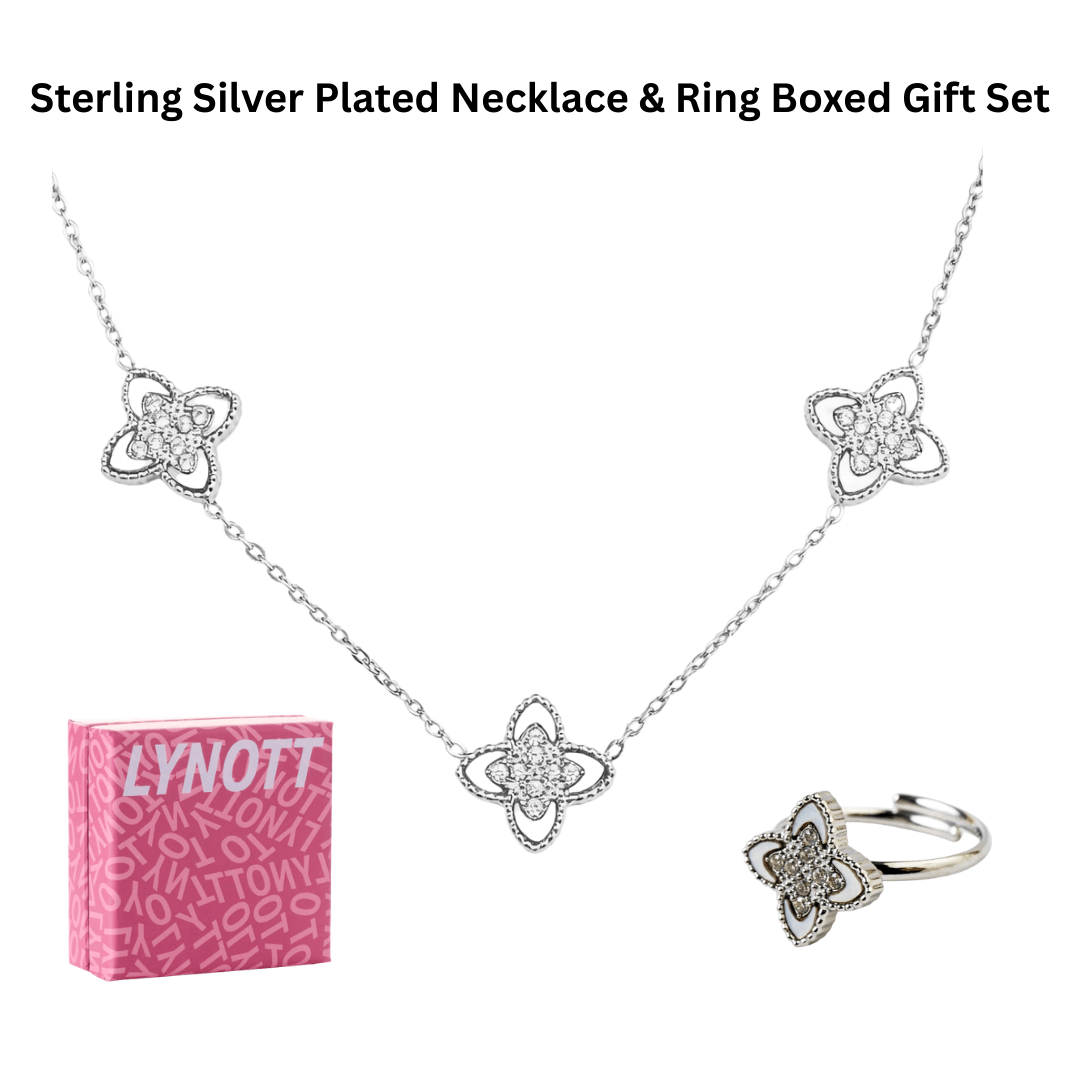 White Clover Necklace & Adjustable Ring Boxed Gift Set (Silver) best gold plated tarnish and water resistant piece by Irish Jewellery brand - Lynott Jewellery