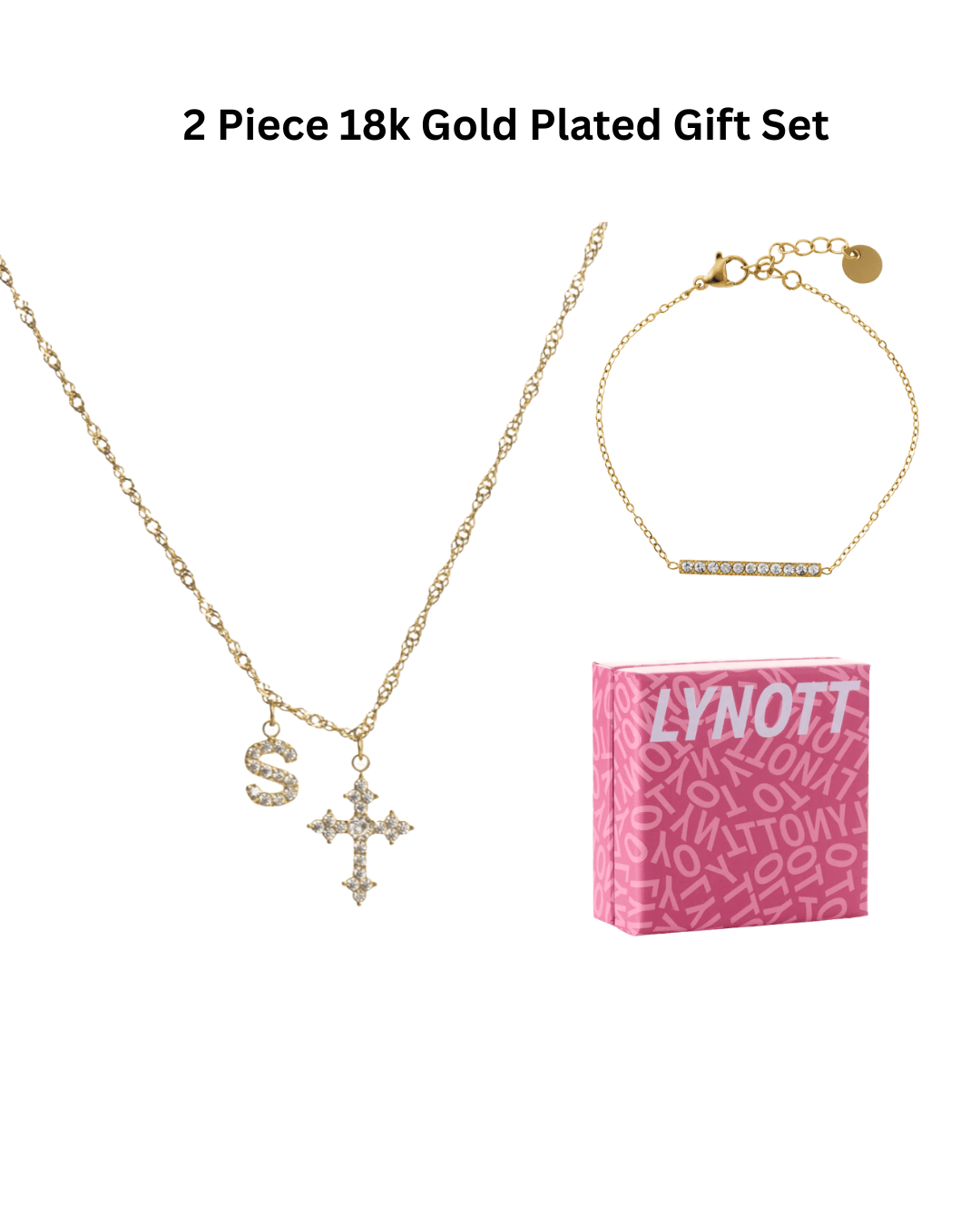 Cross Initial Necklace Gift Set (Cross Initial Necklace + Linear Luxe Bracelet + Gift Box) best gold plated tarnish and water resistant piece by Irish Jewellery brand - Lynott Jewellery