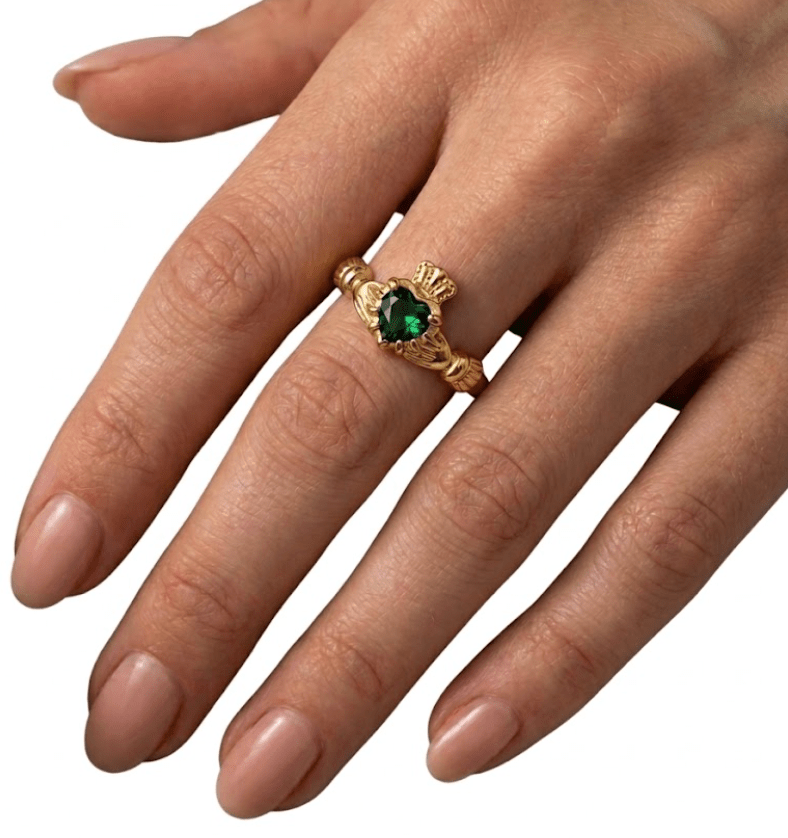 AINE EMERALD ADJUSTABLE CLADDAGH RING best gold plated tarnish and water resistant piece by Irish Jewellery brand - Lynott Jewellery