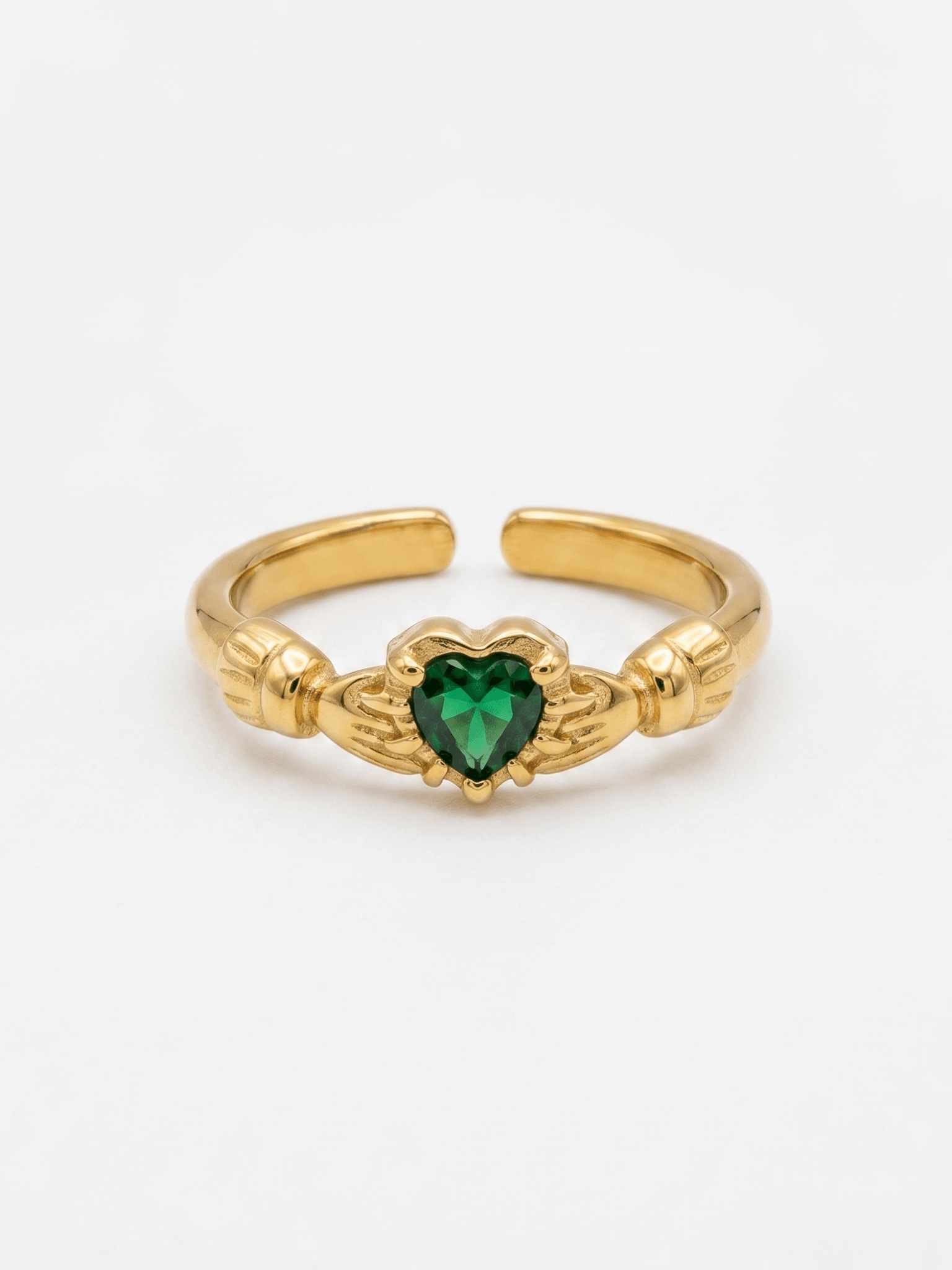 AINE EMERALD ADJUSTABLE CLADDAGH RING best gold plated tarnish and water resistant piece by Irish Jewellery brand - Lynott Jewellery