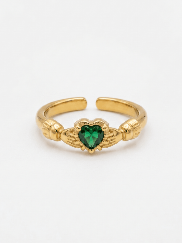 AINE EMERALD ADJUSTABLE CLADDAGH RING best gold plated tarnish and water resistant piece by Irish Jewellery brand - Lynott Jewellery